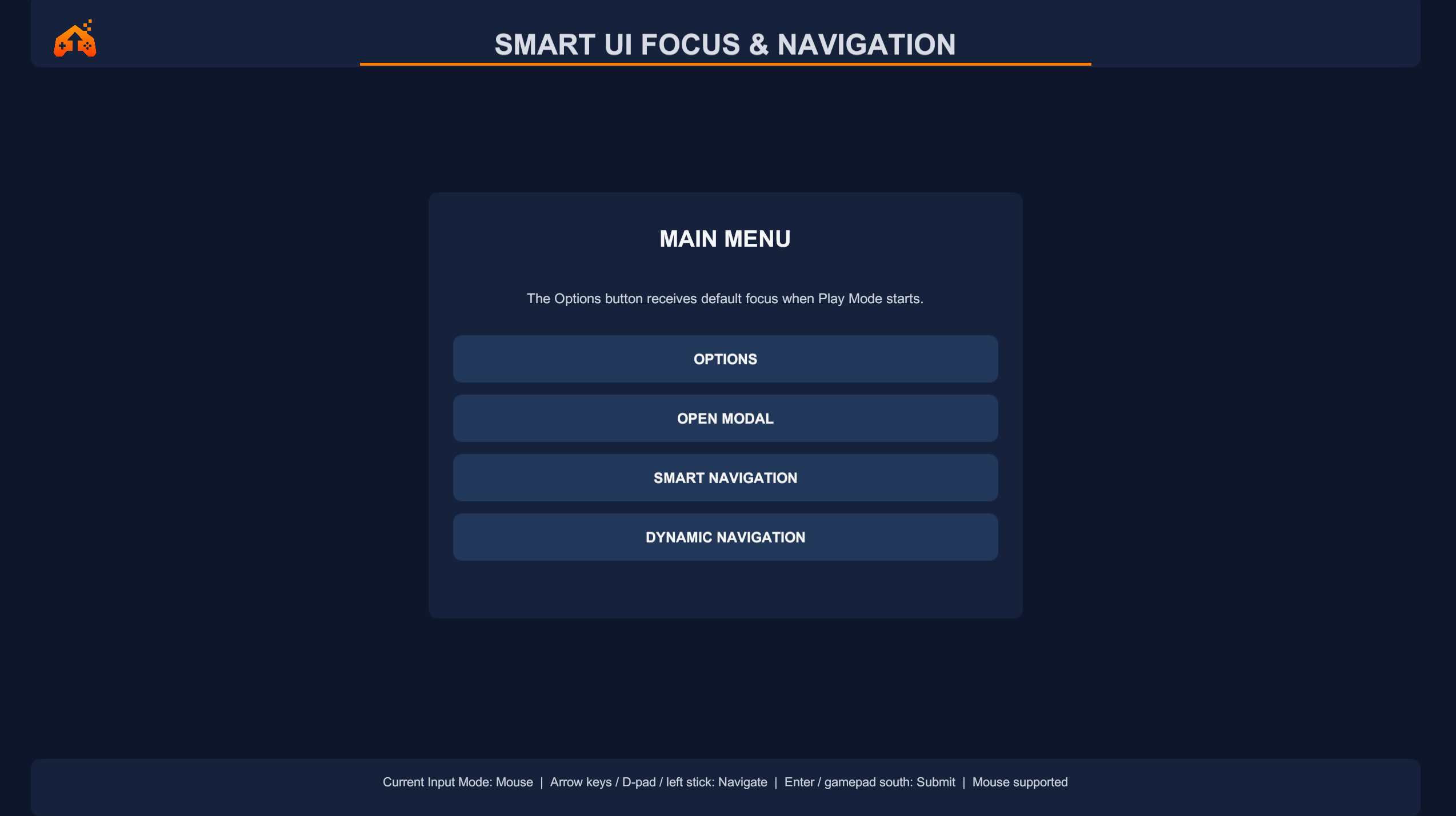 Smart UI Focus & Navigation Focus Management sample Main Menu