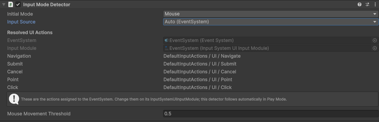 Input Mode Detector Inspector in Auto mode showing actions resolved from the EventSystem