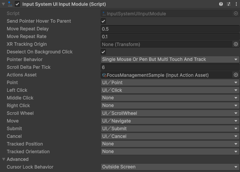 InputSystemUIInputModule configured with Point, Click, Navigate, Submit, and Cancel actions