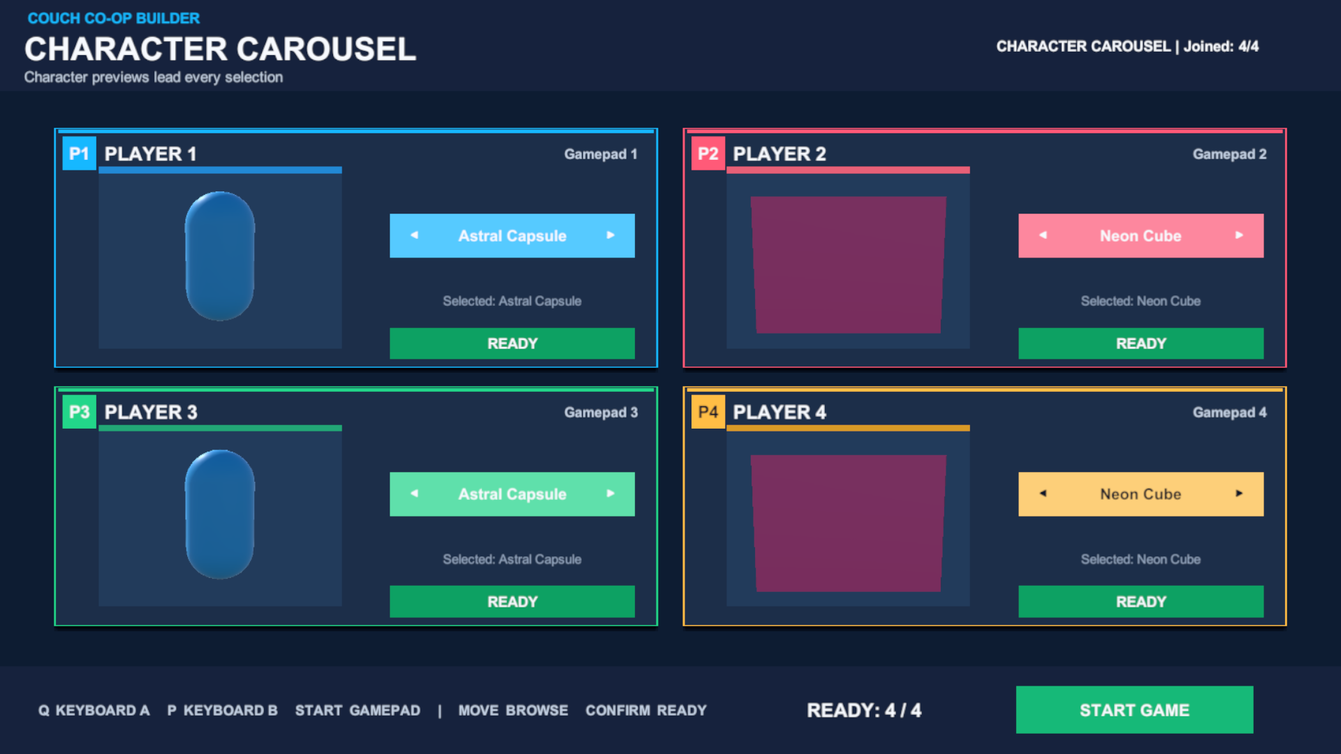 Character Carousel: four authored panels, independent selection and a shared Start control.