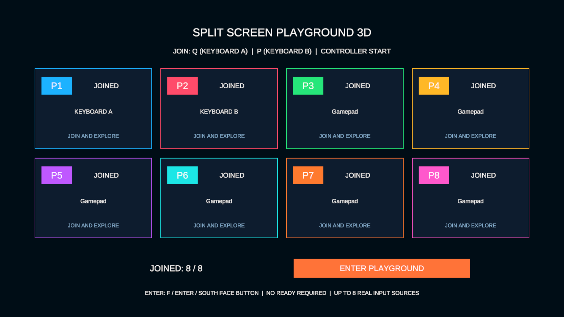 Eight authored Playground join cards. This independent scene does not require character Ready.