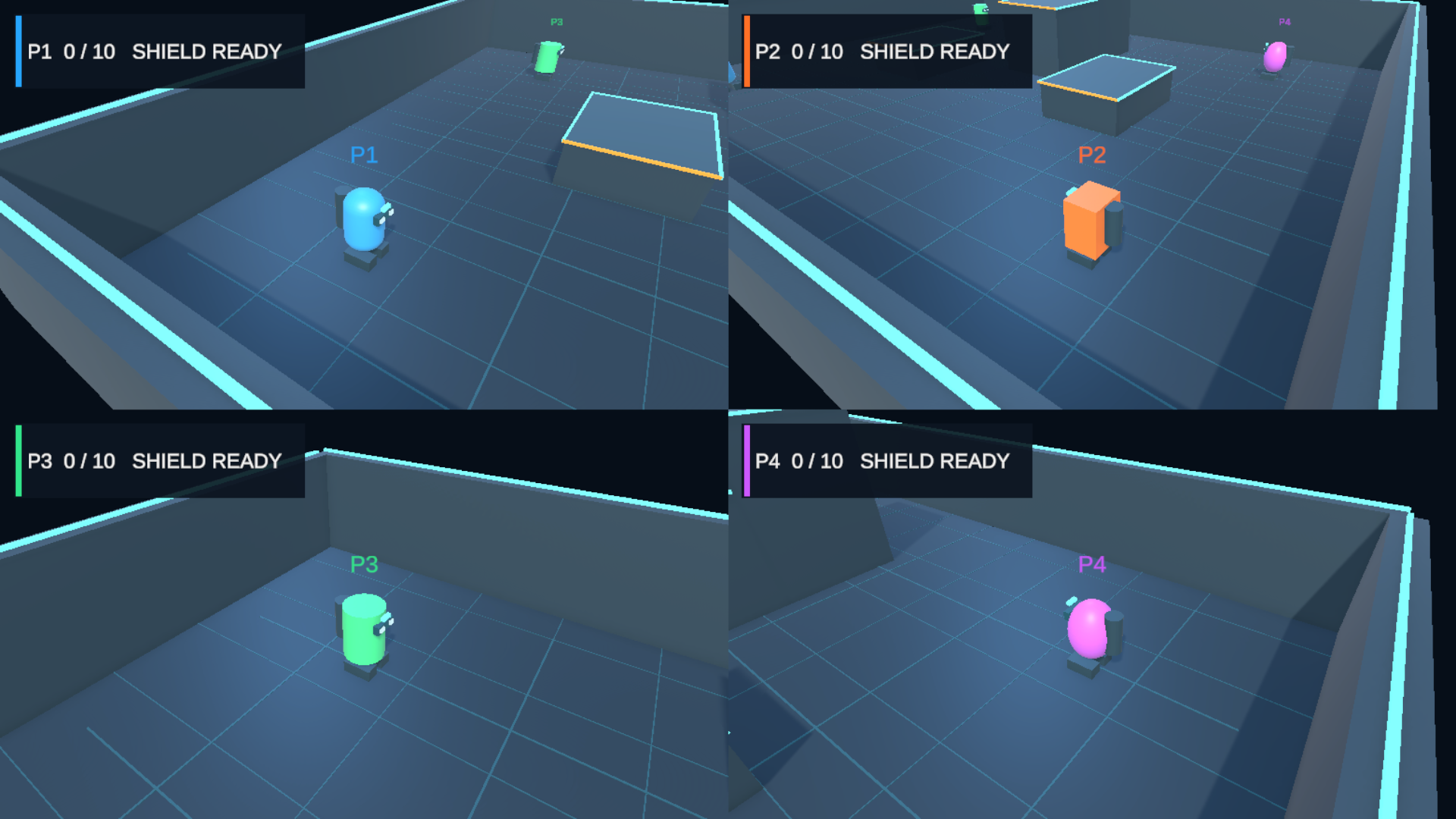 Rocket Rumble 3D: four assigned views with per-player HUDs. Pause and settings remain global overlays.
