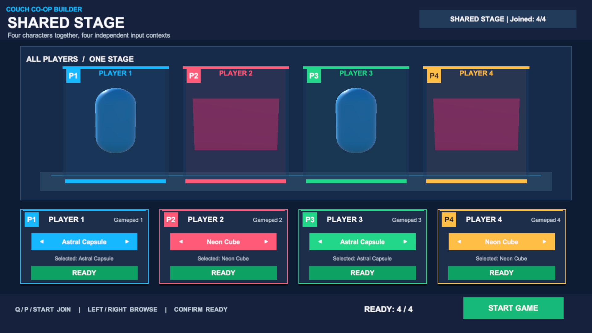 Shared Stage presents four independent player contexts together.