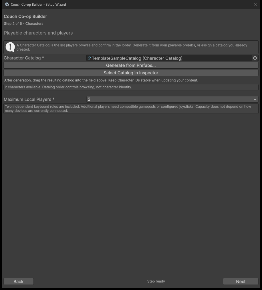 The Characters step assigns a catalog and maximum capacity. Scene UI design remains authored.