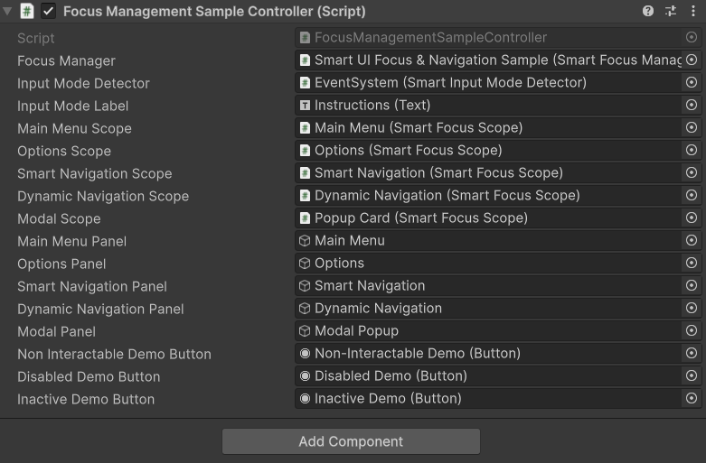 Focus Management sample controller Inspector references