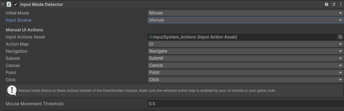 Input Mode Detector Inspector in Manual mode with action asset, map, and action selectors