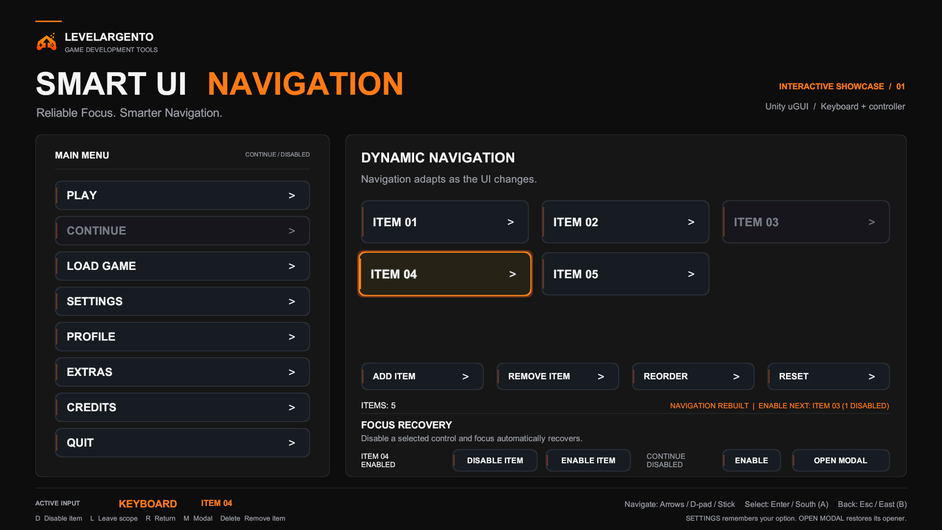 Item 03 disabled with focus recovered to Item 04 in Navigation Showcase