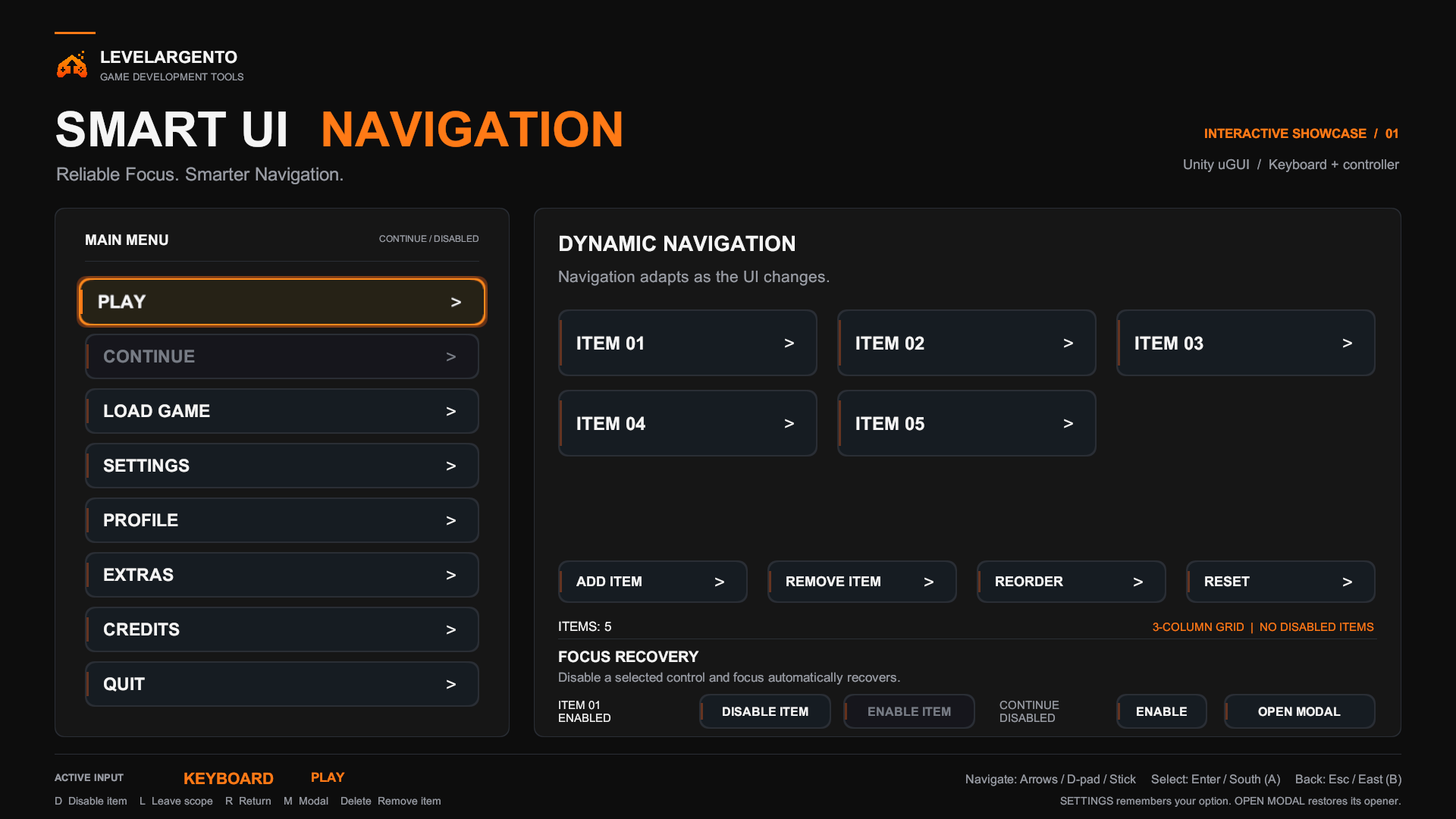 Navigation Showcase main menu and five-item Dynamic Navigation grid