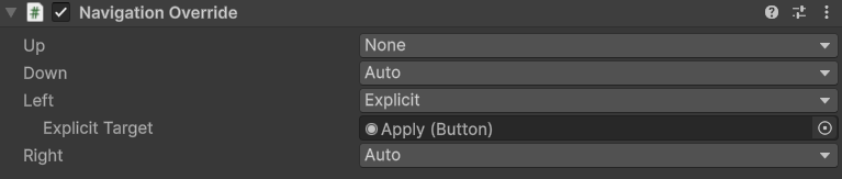 Navigation Override Inspector showing None, Auto, and Explicit directions